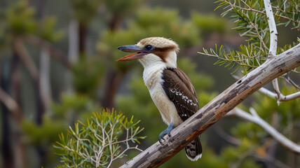 Obraz premium A kookaburra laughing on a eucalyptus branch in the Australian outback, its feathers a mix of brown and white, with a dry, rugged landscape stretching out behind it.