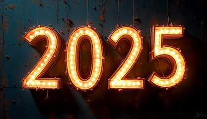 Illuminated 2025 Sign on a Weathered Teal Wall - Powered by Adobe