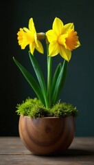Fototapeta premium A daffodil bulb in a wooden planter with moss, flower, daffodils, bulb