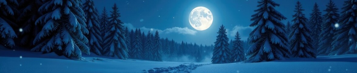 Naklejka premium A full moon casts an ethereal glow over a snowy forest as the ground is blanketed with falling snowflakes, illuminated, dark