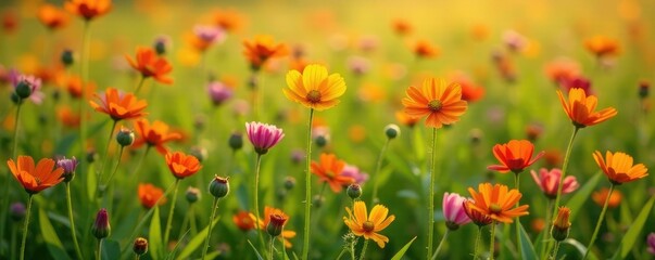 A field of wildflowers with bright red seeds amidst the blooms, botanical, flowering plants