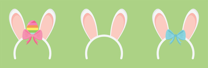 Set of hoops with bunny ears and Easter eggs. Hoops with bow on green background. Holiday hat for party. Vector elements eps.