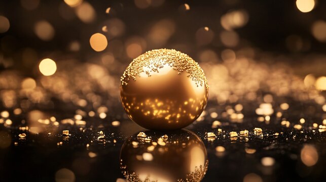 A glossy gold breakable chocolate sphere with a smooth finish, placed on a reflective black surface, surrounded by golden sprinkles