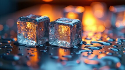 Fresh ice cubes melting on a reflective wet surface with warm glowing light	