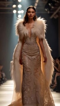 Elegant model on runway, shimmering gown, feathered cape, glamorous fashion, dazzling lights, luxury event, couture design.