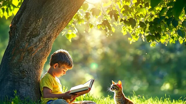 Young boy enjoys a book under a shady tree while a curious cat watches in the summer sun, Boy reading book under tree with a cat in summer seamless ing