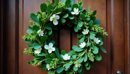 A lush green wreath made from eucalyptus and ferns with white flowers on a wooden door, texture, eucalyptus