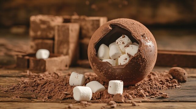 A rustic breakable chocolate sphere with a matte cocoa finish, cracked open to reveal marshmallows, isolated on wooden planks