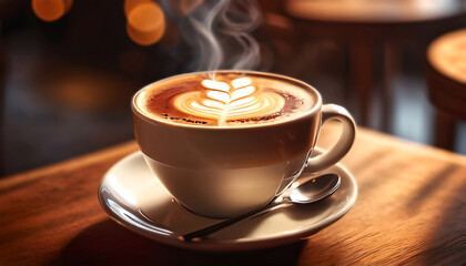 Hot coffee cup on the table in Dark Background