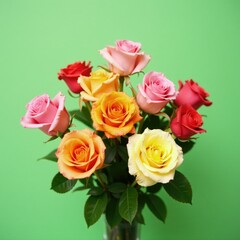 Obraz premium A posy of colorful mixed rose blooms against a soft green background, flowers, bouquet, flowers