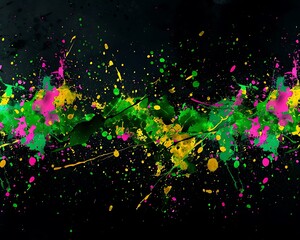 Vibrant background with splashes of green, yellow, and pink on solid black.