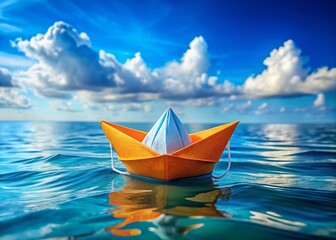 Fototapeta premium Pandemic Hope: Origami Boat of Surgical Masks Sailing on a Blue Sea