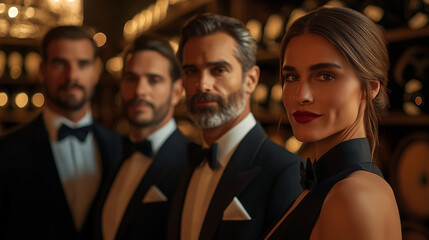 A team of four sommeliers, two men and two women, dressed in formal attire with bow ties, standing in a luxurious wine cellar with blurred wooden barrels and vintage wine bottles in the background.
