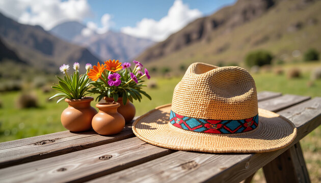 Vibrant chullo hat on wooden bench with flowers, Peruvian culture