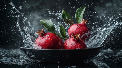 Ripe pomegranates with water splashes on a dark background, close-up