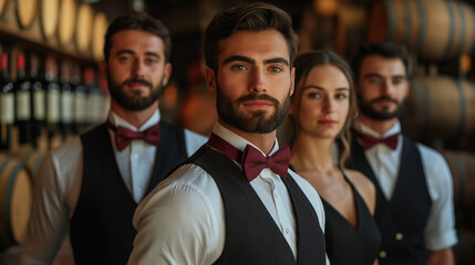 A team of four sommeliers, two men and two women, dressed in formal attire with bow ties, standing in a luxurious wine cellar with blurred wooden barrels and vintage wine bottles in the background.