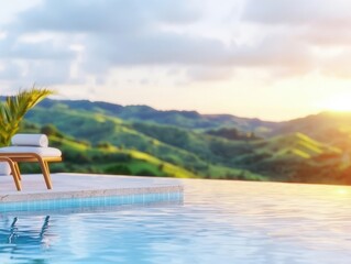 Fototapeta premium A serene poolside scene with lush green hills in the background, illuminated by a warm sunset glow.