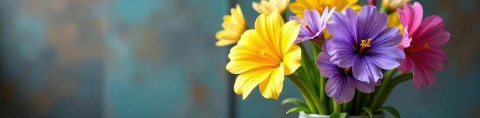 Naklejka premium Colorful flowers of Scilla bifolia and Primula vulgaris in a vase, primrose, petals