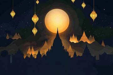 Illuminated lanterns over ancient temple silhouette