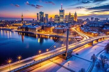 Obraz premium Panoramic Aerial Winter View of Warsaw City Center, Holy Cross Bridge, and Skyscrapers at Night