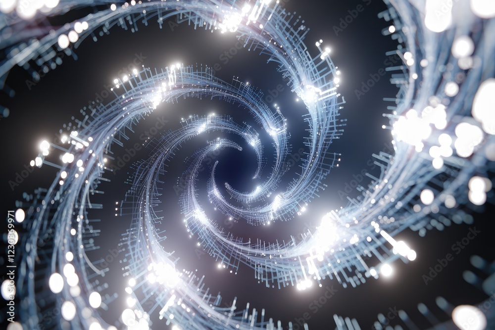 Poster abstract swirling digital data streams forming a vortex, glowing bright in the dark.