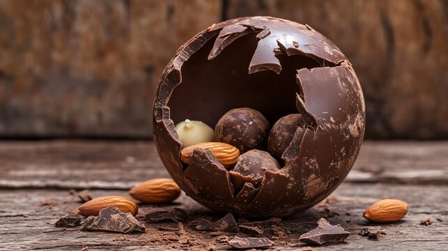 Breakable chocolate sphere with a matte cocoa finish, cracked open to reveal truffles and almonds, isolated on a rustic wooden surface