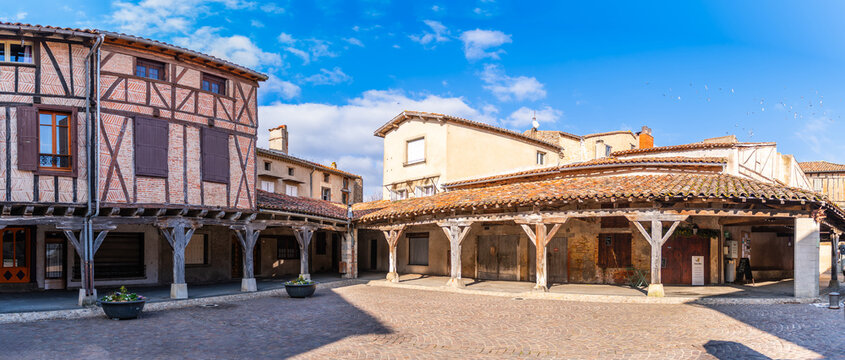 Central square of the village of Lautrec, in Tarn, Occitanie, France