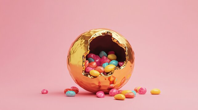Breakable chocolate sphere with a shiny gold finish, cracked open to reveal colorful candies, isolated on a soft pink background