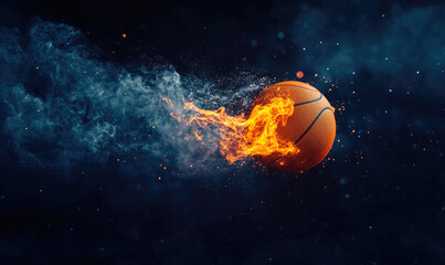 Fototapeta premium Basketball on Fire with Dramatic Flames and Dark Textured Background
