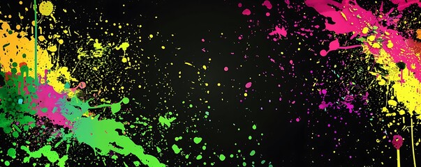 Vibrant background with splashes of green, yellow, and pink on solid black.