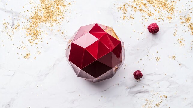 Geometric breakable chocolate sphere with a glossy red finish, placed on a marble background with edible golden sprinkles