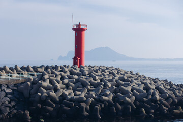 Lighthouse on Udo Island, Jeju Island province, South Korea, coastline sea landscape sunny view with Light, U Island, Soseom cow island, Jeju-si, Jeju-do, Lighthouses of South Korea