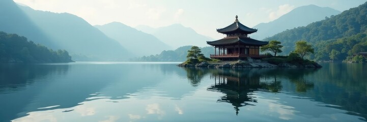 Serene reflection of temple amidst ripples on sacred lake, ripples, spiritual haven