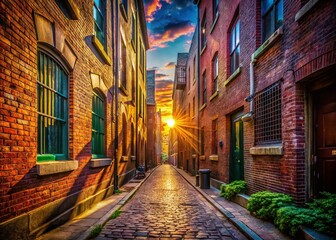 Fototapeta premium Panoramic City Alleyway: Sunlit Brick Buildings and Shadows