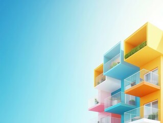 Obraz premium A vibrant, modern building with colorful balconies against a bright blue sky, showcasing contemporary architectural design.