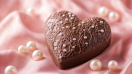 Fototapeta premium Romantic breakable chocolate heart with edible lace patterns and pearl accents, resting on a velvet-textured pink background