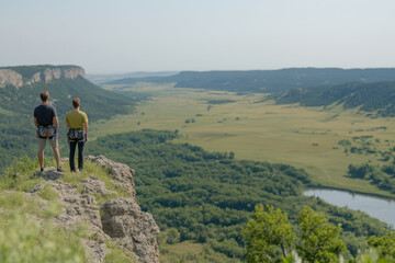Obraz premium Two people are standing on a hill overlooking a valley