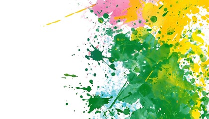 Vibrant background with splashes of green, yellow, and pink on solid white.