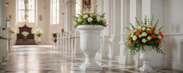 Simple white urn with fresh flowers and foliage in a church aisle, aisle, simple