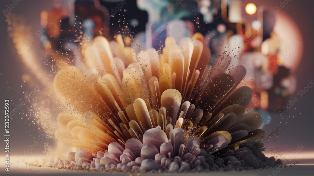 Poster Abstract 3D rendering of an explosion of colorful, organic shapes with dust particles.