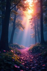 Fototapeta premium Iridescent colors dance in the air above a serene forest, iridescent, light, airy