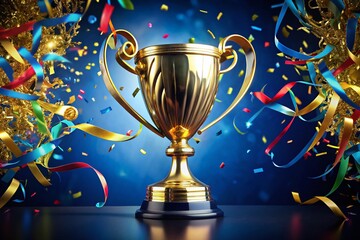 Panoramic Golden Trophy with Streamers on Blue Background - Business Success & Competition
