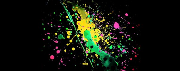 Vibrant background with splashes of green, yellow, and pink on solid black.