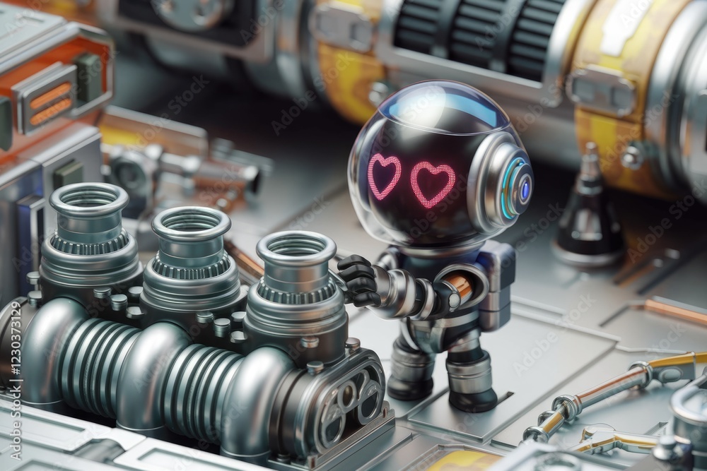 Poster a cute robot with hearts on its visor inspects complex machinery in a futuristic setting.