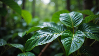 Vibrant wet tropical leaves glistening in rainforest drizzle, nature's beauty