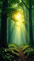 Light shines through the forest's leafy canopy, light, tree, forest