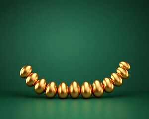Obraz premium A rich emerald green solid background with golden Easter eggs aligned in a crescent shape