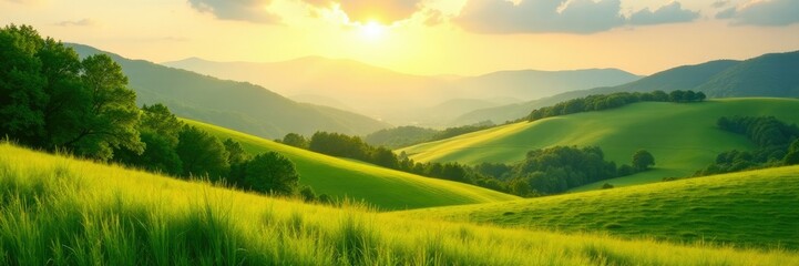 Fototapeta premium Lush green meadows and hills bathed in golden light, verdant, meadow