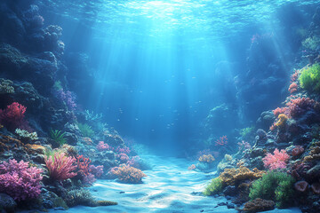 Sunbeams Illuminate Vibrant Underwater Coral Reef Scene
