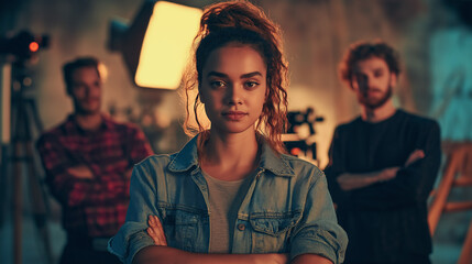 A team of three filmmakers, one woman and two men, wearing casual film industry attire, standing on a movie set with blurred lighting equipment and a director’s chair in the background